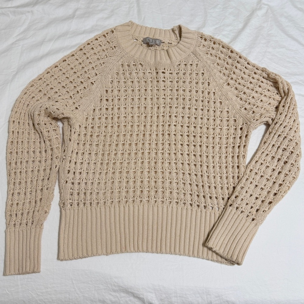 J.Crew Pointelle Crewneck Sweater Women‎ Small Fisherman Knit Dusty Ivory Cotton